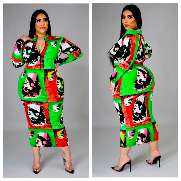 J. Elise Boutique Dresses & Skirts - J. Elise Boutique Plus Size Neon Multi Color Graphic Long Midi Maxi Sleeve Dress